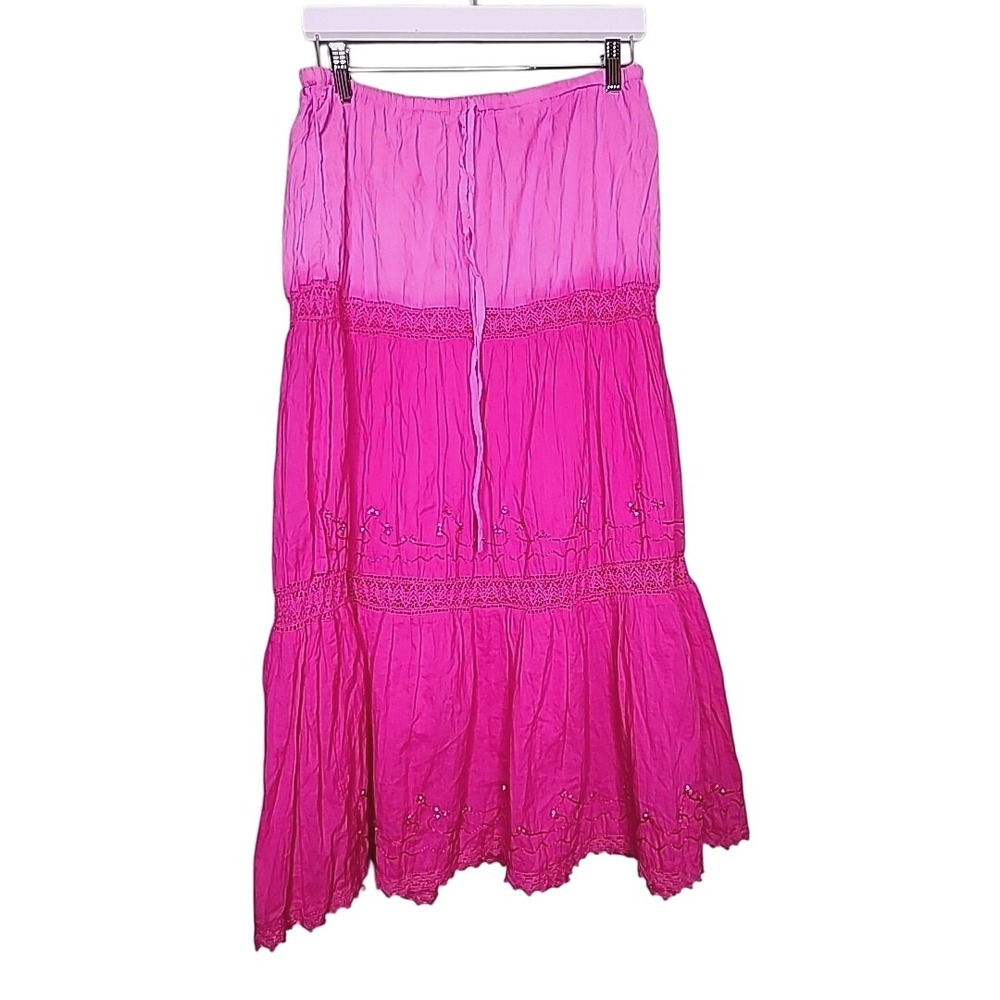Bobbie Brooks Tiered Maxi Skirt L Pink Drawstring Pullon Boho Gypsy Cottage